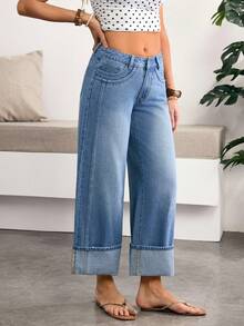 Breezaya 女士宽松版型带口袋阔腿休闲牛仔裤 - 藍色 - 查看 4