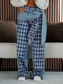 SAYEHFBABY Women's High Waist Side Knot Plaid Wide Leg Loose Casual Jeans - Black - View 6