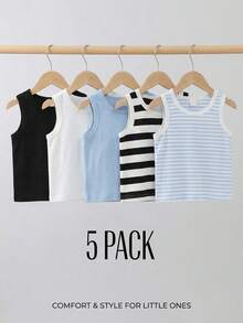 SHEIN 5pcs Baby Boys Toddler Blue White Stripe Solid Print Sleeveless Tank Tops - Multicolor - View 1