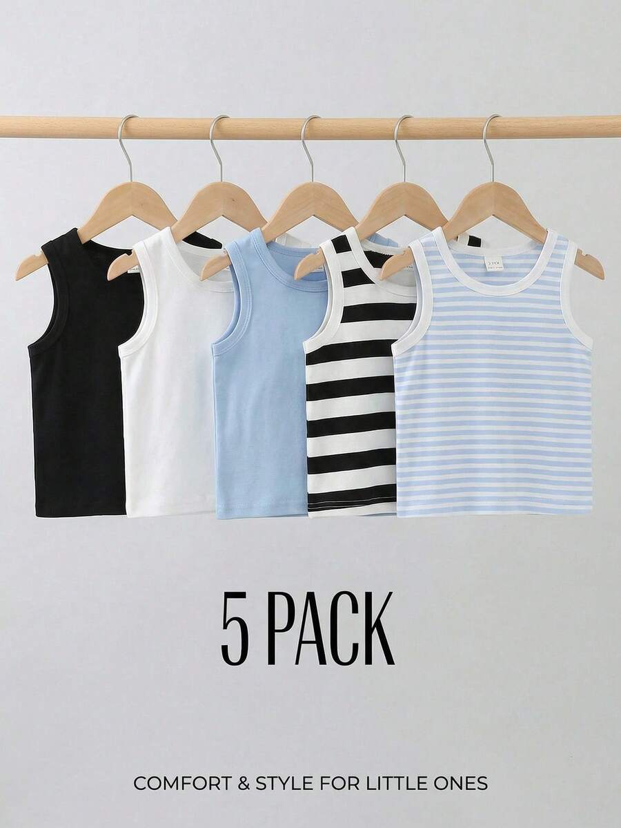 SHEIN 5pcs Baby Boys Toddler Blue White Stripe Solid Print Sleeveless Tank Tops - Multicolor - View 1
