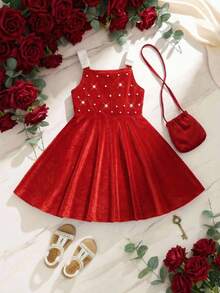 1pc Young Girl Vintage Red Square Neck Sleeveless Dress, Decorated With White Bow Straps And Pearl Buttons, A-Line Silhouette With Lustrous Fabric, Suitable For Birthday Party, Ceremony, Holiday, Park, Spring/Summer Outing, Back To School Red Dress For Girls Velvet Dress For Girls Red Junior Bridesmaids Dress - Red - View 9