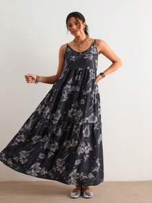 SHEIN VCAY Đầm không tay màu xám họa tiết vintage phong cách Bohemian mùa xuân/hè mới, chân váy dài xòe rộng phối nhiều mảnh vải, kiểu dáng retro phù hợp cho công sở và kỳ nghỉ, ôm dáng đến mắt cá chân. - Màu xám đen - Xem 7