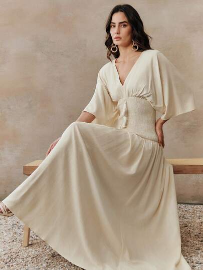 Anewsta New Women's Elegant V-Neck Kafthan Dress, Waist Gathered Pleated Fringe Decor Casual Vacation Dress, Apricot Short Sleeve