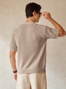 RONVEXI 男士夏季度假款前开襟镂空针织衬衫 - 杏色 - 查看 5