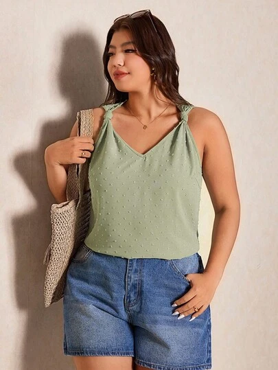 Elaquor Camiseta sin mangas y top de tirantes de talla grande de unicolor con nudo retorcido y cuello en V, adecuado para uso en verano