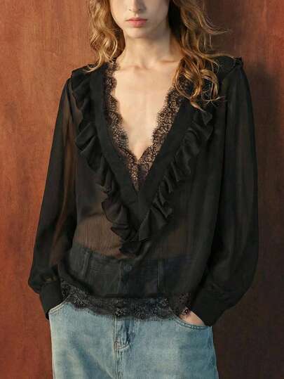 Maija 黑色荷叶边V领长袖女式上衣，优雅都市浪漫情人节之选