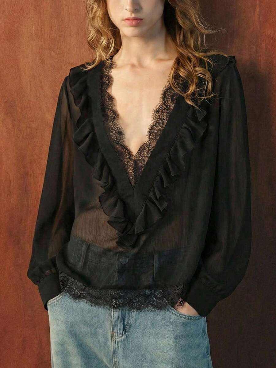Maija 黑色荷叶边V领长袖女式上衣，优雅都市浪漫情人节之选 - 黑色 - 查看 1