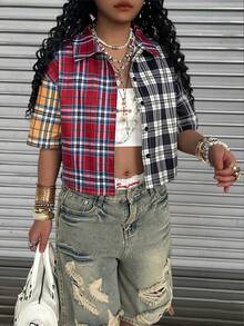 Rovax Camisa corta de manga corta tipo raglan con bloques de color a cuadros - Multicolor - Ver 3