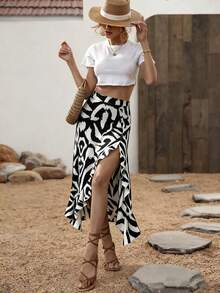 Breezaya Falda evasé con volantes y abertura alta con estampado de leopardo en blanco y negro y flores - Blanco y Negro - Ver 4