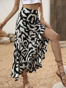 Breezaya Falda evasé con volantes y abertura alta con estampado de leopardo en blanco y negro y flores - Blanco y Negro - Ver 5