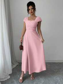 Modelyn Women's Square Neck Wrap Elegant Dress, Spring/Summer - Pink - View 5