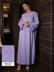 Mulvari Đầm dài tay dáng xòe kiểu Ả Rập dành cho nữ, phối lưới đính cườm và đá rhinestone. - Màu tím - Xem 5