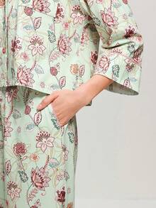 LUVLETTE Basics 女款軟棉綠色花卉印花鈕扣上衣與長褲家居服套裝，輕盈透氣睡衣，附口袋圖案設計 - 綠色 - 查看 7