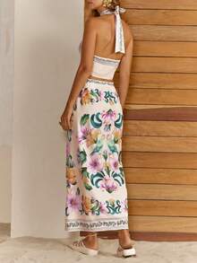 CAJUNI Women's Floral Print Halter Top And Long Fitted Skirt Vacation Suit - Mauve Purple - View 2