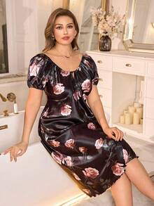 MuseNap CURVE Áo ngủ cỡ lớn bằng satin in hoa hồng, cổ chữ V, thắt nơ. - màu đen - Xem 1