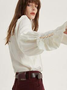 Frievida Áo sơ mi dài tay kiểu Pháp cổ điển, cổ xếp ly, trang trí cúc, dáng thường ngày. - trắng - Xem 2