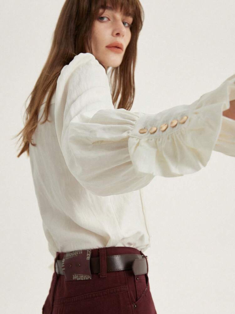 Camisa de manga larga con cuello plisado, botones decorativos y estilo casual francés vintage - Blanco - Añade 2