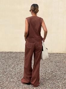 Livesso 女士休闲无袖上衣和牛仔裤套装 - 咖啡棕 - 查看 2