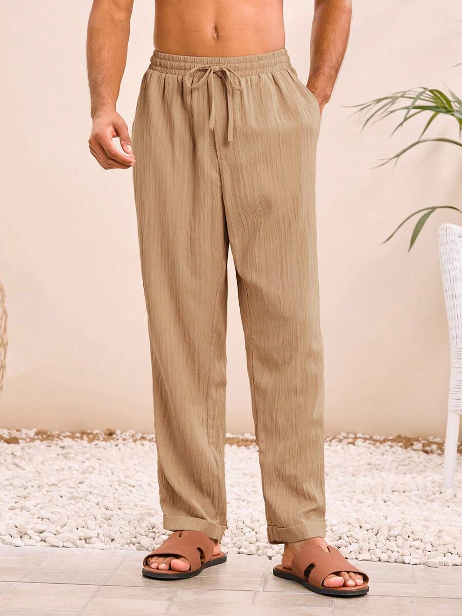 Manfinity RebelGame Manfinity Men's Woven Linen Bottoms Casual Loose Straight Leg Solid Color Pants With Drawstring, Summer Trousers For Men