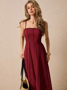 Poéselle Đầm nữ dáng lửng, dây mảnh, phối sọc tương phản, thích hợp cho kỳ nghỉ. - Màu Đỏ Sâu - Xem 3