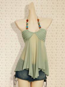 SHEIN ICON Áo tank top cổ yếm phong cách miền Tây Boho cổ điển màu nâu kiểu đồng quê Y2k, thích hợp cho các buổi hòa nhạc, kiểu babydoll, dáng suông, đính cườm, dành cho nữ, thích hợp cho mùa hè. - Màu xanh Ô liu - Xem 6