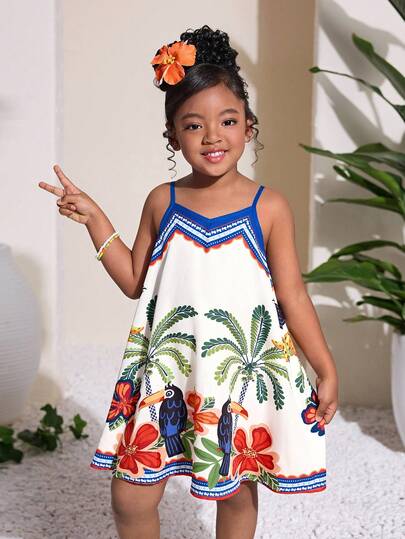 Young Girl Vacation Summer Blue Totem Tropical Plant Floral Pattern Spaghetti Strap A-Line Dress