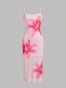 SHEIN 少女休闲碎花修身吊带连衣裙，舒适简约 - 粉色 - 查看 3