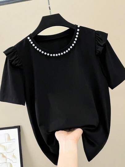 Resyla Women's Black Round Neck Pearl Decor Ruffle Sleeve Loose Casual Classic T-Shirt, Spring/Summer Cute Black Tops Black Top Women Blouses Pearl Shirt Women Tops Elegant Black Work Top