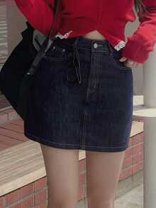 DAZY Chân váy denim ngắn nữ màu trơn, túi xéo, kiểu dáng thường ngày, đa năng. - Rửa tối - Xem 11