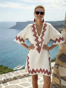 Breezaya 女士短款V领连衣裙，宽肩设计，中袖，不对称红色线条印花混纺面料，休闲宽松沙滩风泳装罩衫，女士沙滩罩衫，女士沙滩装罩衫，地中海风格连衣裙，女士度假装，波西米亚风连衣裙，波西米亚时尚女装，女士度假装，白色束腰连衣裙，沙滩长袍连衣裙，游艇俱乐部连衣裙，波西米亚刺绣连衣裙，度假装连衣裙，波西米亚风连衣裙，女士假日连衣裙 - 彩色 - 查看 7