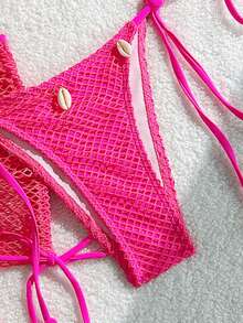 Swim Mod 3pcs Women's Solid Color Swimsuit Set For Beach/Vacation - Hot Pink - View 7