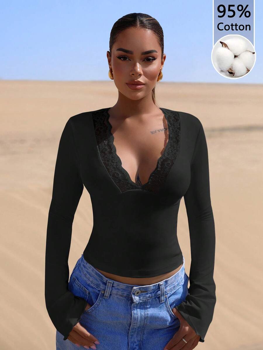 SHEIN BAE 女士95%纯棉黑色修身V领长袖上衣，饰以撞色蕾丝——优雅性感风格，适合约会、派对、居家、鸡尾酒会、正式场合、度假、办公、婚礼宾客及西式节日等场合。 - 彩色 - 查看 1