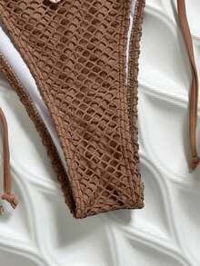 Swim Vcay Bottom de traje de baño casual de vacaciones en la playa para mujer con decoración de concha y lazos laterales de unicolor - Marrón - Ver 5