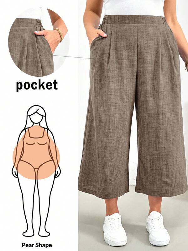 Shapeblank Plus Size Women's Spring And Summer Fashion Casual Loose And Comfortable Daily Elastic Waist Blue Wide-Leg Pants Cropped Pants,Baggy Pants ,Women Bottom,Capris For Women,European Summer,Work Pants