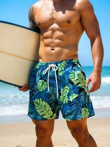 Surfspeed 男士热带印花休闲沙滩短裤 - 橄欖綠 - 查看 2