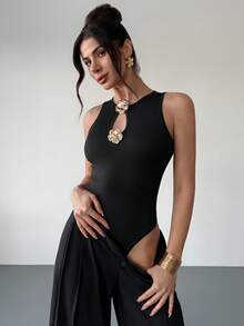 Rafferiza 女士高弹力连体衣，黑色金属玫瑰扣连体衣，外出穿搭，黑色连体衣，夏季度假穿搭，休闲连体衣，无袖连体衣，性感连体衣，女士沙滩装，沙滩连体衣，黑色紧身连体衣，黑色性感露背上衣，无袖上衣，金属扣上衣，吊带背心，露背上衣，黑色性感上衣 - 黑色 - 查看 7