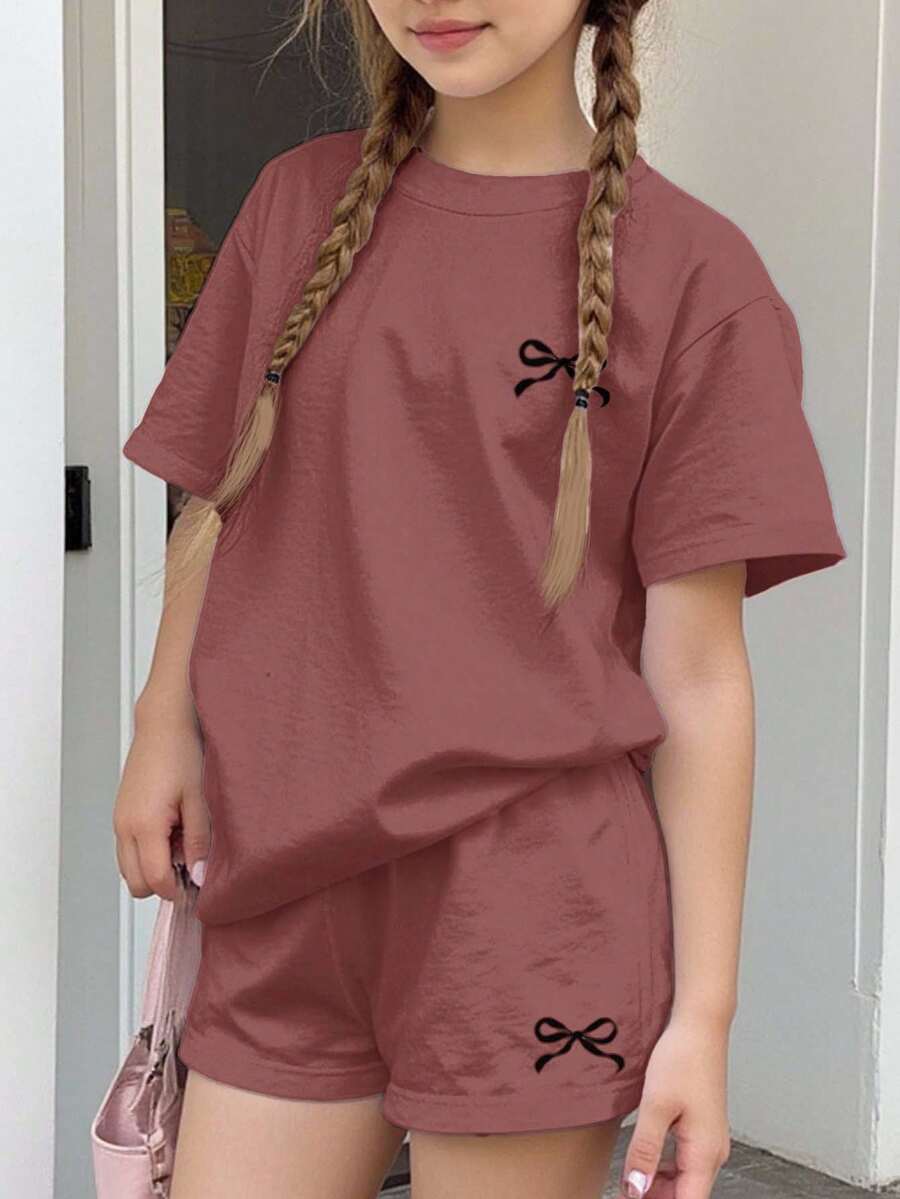 SHEIN Leap Crew 2pcs/Set Teen Girl Casual Minimalist Bow Decor Round Neck Short Sleeve T-Shirt And Shorts Set, Suitable For Spring/Summer - Multicolor - View 1