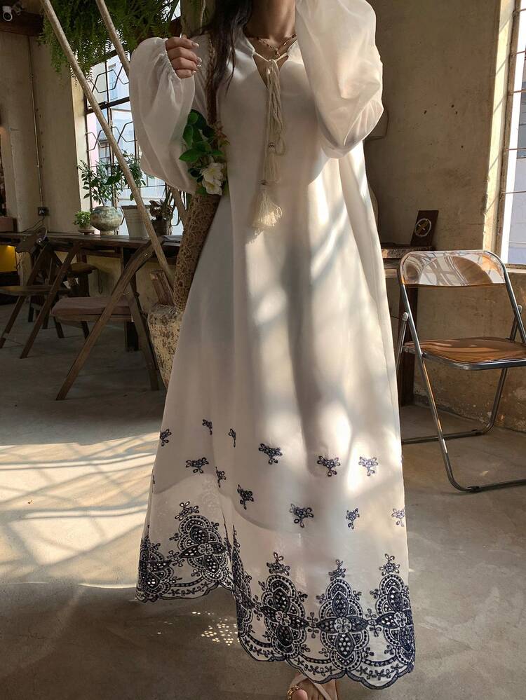 Women's Vacation Tassel Tie Neck Lantern Sleeve Floral Embroidery Hollow Out Dress Sundress