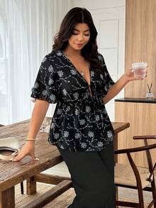 Ceyna Damen-Bluse in großen Größen, schwarz-weiß, französischer Lässigstil, Jacquard, Kurzarm, Sommer, Boho, elegant, Urlaubs-Look, modernes Oberteil - Schwarz - Übersicht 4