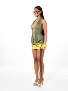 SUMWON WOMEN Jersey Contrast Macrame Cut Out Tie Side Mini Skirt With Graphic Print - Multicolor - View 5