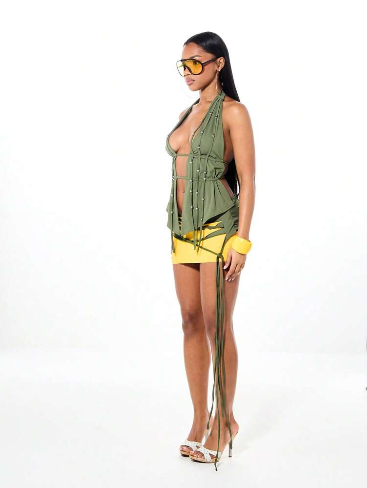 SUMWON Jersey Contrast Macrame Cut Out Tie Side Mini Skirt With Graphic Print