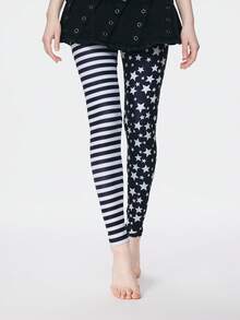 ROMWE Grunge Punk 1 Piece Punk Style Striped Star Pattern Printed Pantyhose, Y2K Black And White Asymmetrical Leggings, Sexy Wind Ultra-Thin Mesh Elastic Meat-Permeable Stockings, Four-Season Versatile Classic Tights - Black and White - View 2