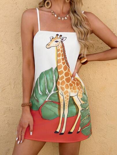 INAWLY 女士休闲度假撞色长颈鹿印花吊带裙