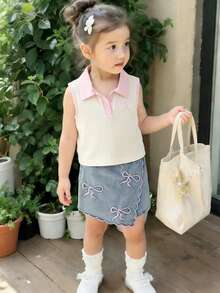SHEIN Elladie kids 新款V领T恤和牛仔短裙套装，适合4-7岁女孩，春夏款，刺绣时尚套装，适合休闲、度假、上学、旅行、户外活动等场合。 - 彩色 - 查看 3