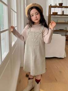 DAZY Robe décontracté à bretelles avec design de poche à lettres pour jeune fille - Beige - Voir 3