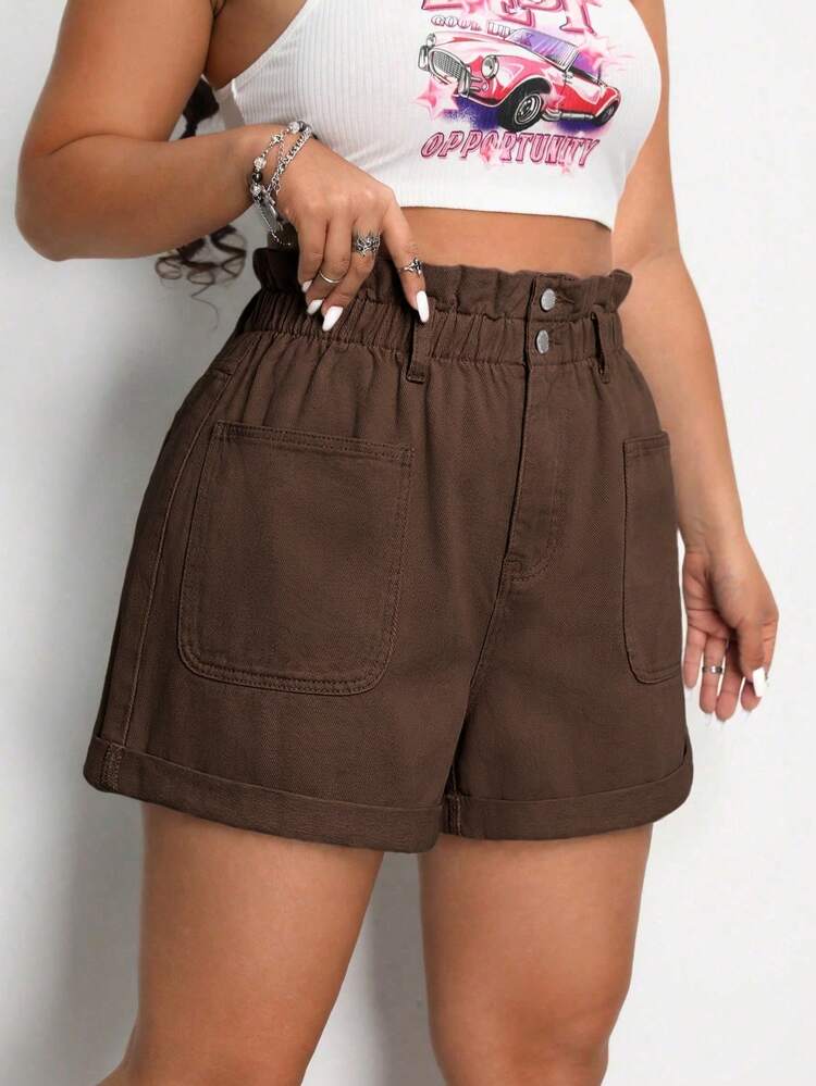 SHEIN ICON Plus Size Women Frill Waist Pocket Loose Casual Denim Shorts - Coffee Brown - View 3