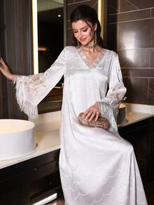 Layrah Elegant & Luxurious V-Neck Asymmetrical Tassel Flare Sleeve Dress, Spring/Summer - White - View 4