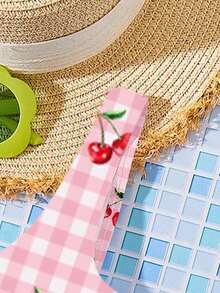 SHEIN 青少年女孩休闲简约樱桃格纹吊带背心和三角比基尼泳装套装，适合夏季 - 彩色 - 查看 4