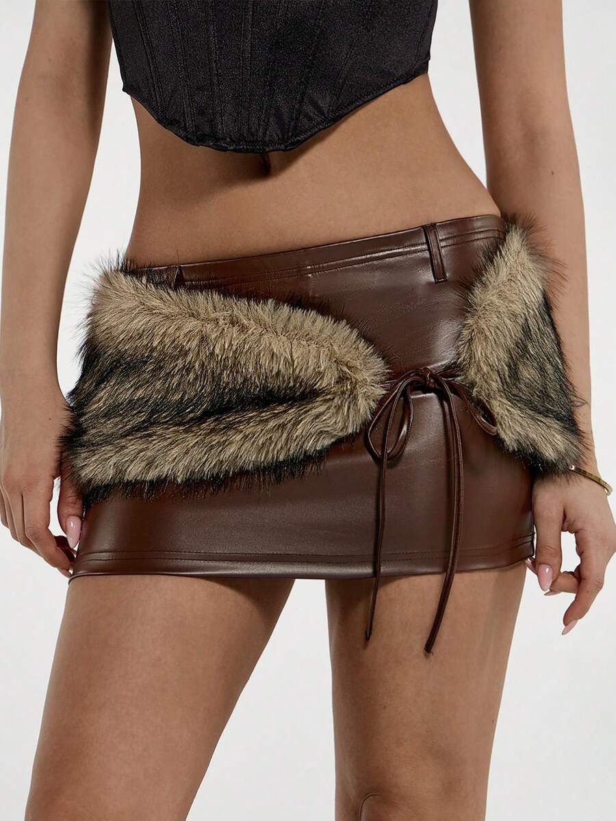 SHEIN ICON Minifalda sexy y con decoración esponjosa de cintura baja, con estilo boho, country y western, para conciertos, clubes y festivales como Coachella, en un diseño de piel y piel sintética marrón con estilo Mardi Gras y Y2K para mujeres - Marrón - Ver 1