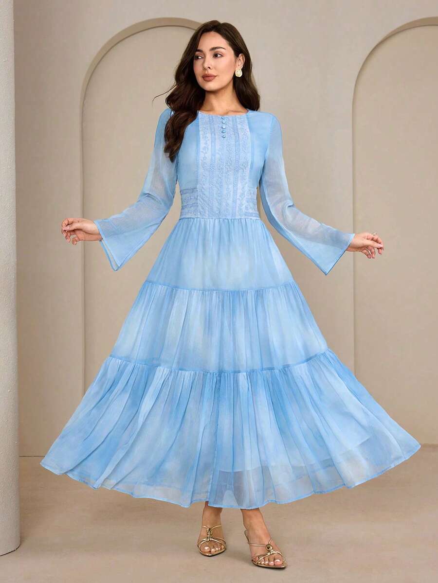 Modelyn Đầm ren in kỹ thuật số màu xanh dương dành cho nữ, kiểu dáng Ả Rập nhẹ nhàng, lãng mạn và tươi mới. - Màu xanh lam - Xem 1